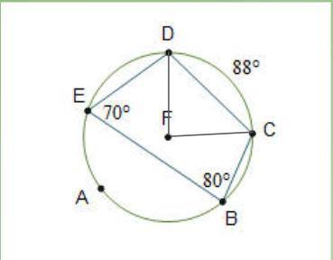 What is the measure of arc EAB in circle F?