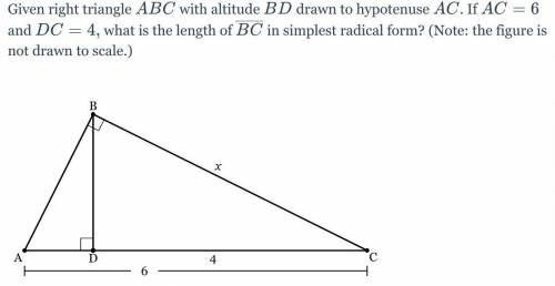 Given right triangle ABCABC with altitude \overline{BD} BD drawn to hypotenuse ACAC. If AC=6AC=6 an