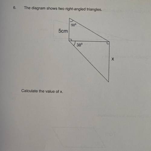 The diagram shows two right-angled triangles. Calculate the value of x.