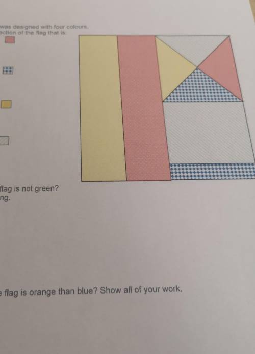 A is orange

B is BlueC is Yellow D Is green Determine the fraction of the flag for each colour ​