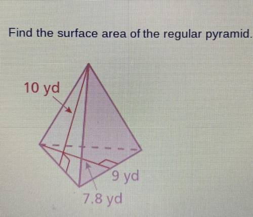 Find the surface area of the regular pyramid.
10 yd
9 yd
7.8 yd
ASAP PLS