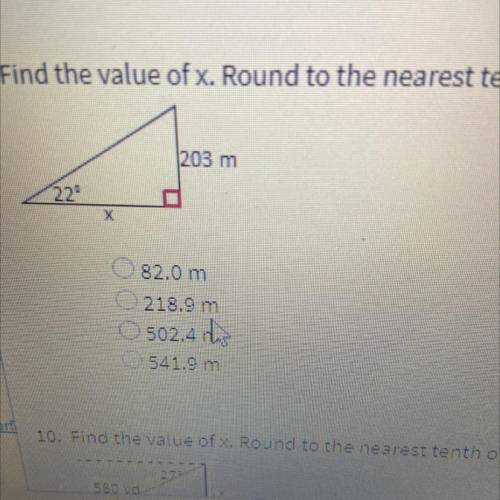 Find the value of x. Round to the nearest tenth of a unit.

A. 82.0 m
B. 218.9 m
C. 502,4 this
D.