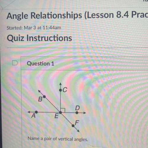 Name a pair of vertical angles.
help please!!