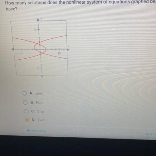 How many solutions does the nonlinear system of equations graphed below

have?
10
- 10
10
- 10
A.