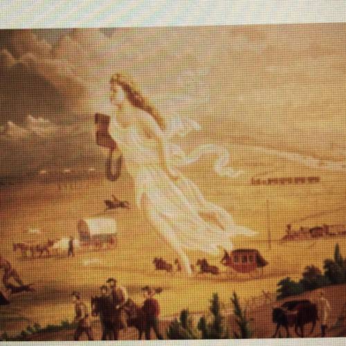 What is the painter trying to say about Westward Expansion? Choose 2 parts of the painting to

exp