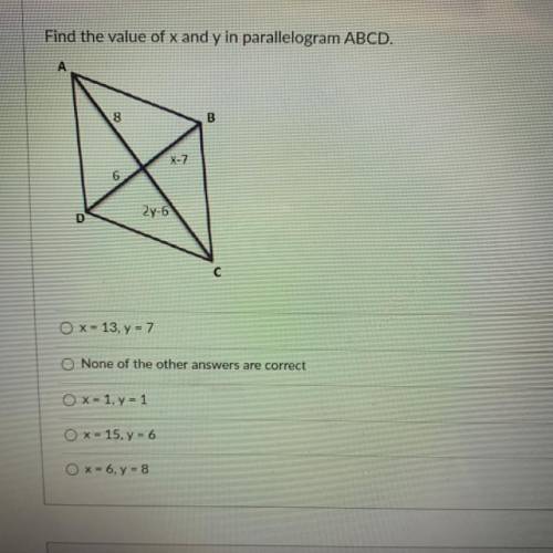 Find the value of x and y in parallelogram ABCD.