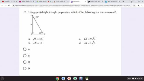 Using special right triangle properties, which of the following is a true statement?
