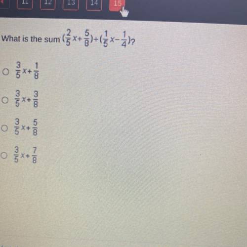 What is the sum (2/5x + 5/8) + (1/5x — 1/4)?