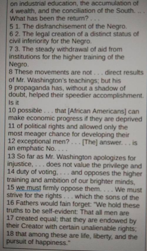 (Close reading) Read lines 12-15. What is Du Bois saying about Washington's emphasis on pursuing ec