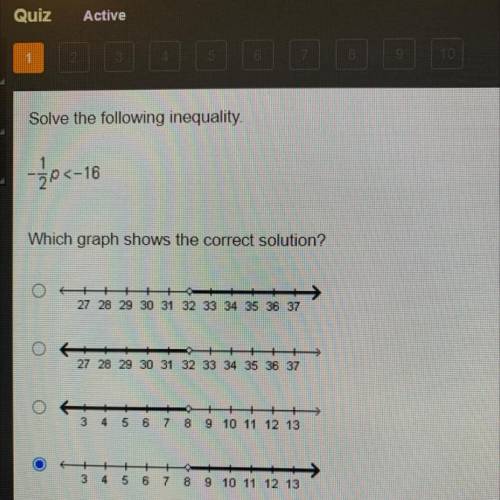 Solve the following inequality.
-1/2<-16
Which graph shows the correct solution?