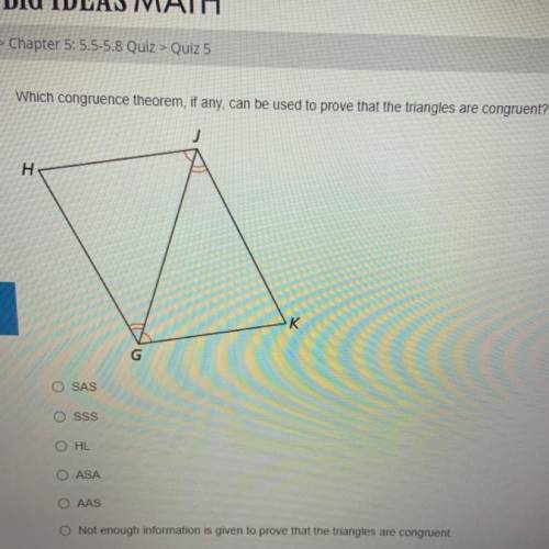 Which congruence theorem, if any, can be used to prove that the triangles are congruent?

SAS
SSS