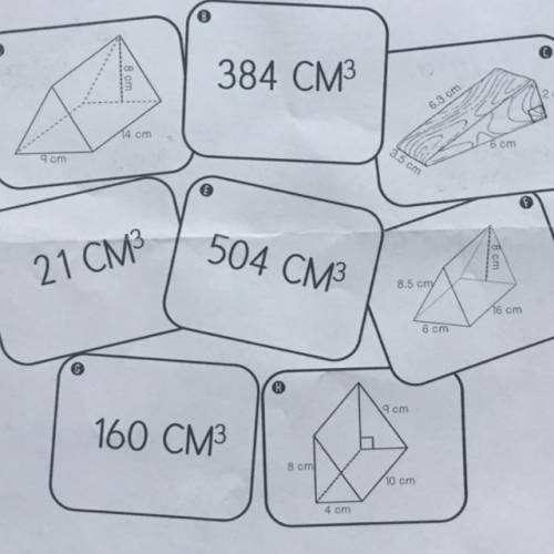Match each of the prisms below to the corresponding volume answer. Show your work please!