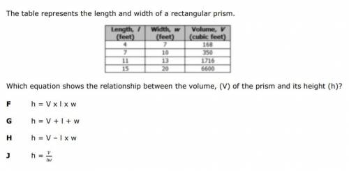Which equation shows the relationship between the volume, (V) of the prism and its height (h)?