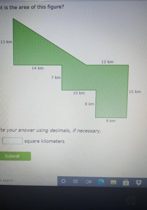 13 km 12 km 7 km 10 km 15 km 8 km 9 km Write your answer using decimals, if necessary. square kilom