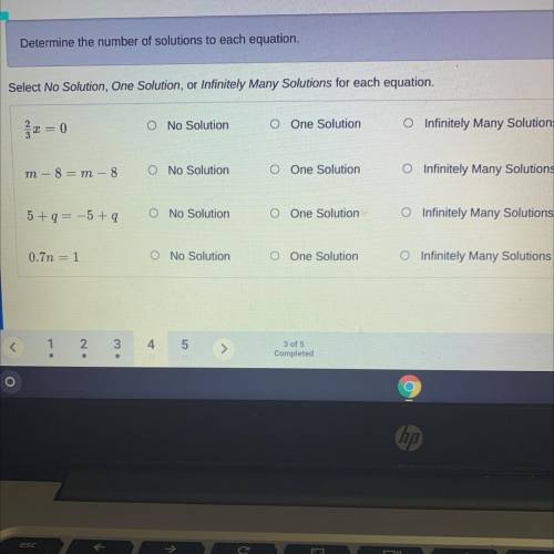 Select no solution, one solution, or infinitely many solutions for each question