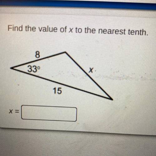 Find the value of x to the nearest tenth.
8
33°
X
15