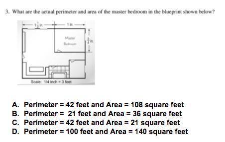 What are the actual perimeter and area of the master bedroom in the blueprint shown below?