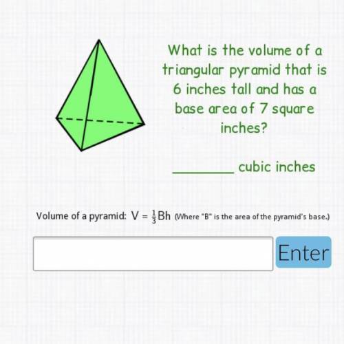 Help&EXPLAIN

What is the volume of a triangular pyramid that is 6 inches tall and has a base