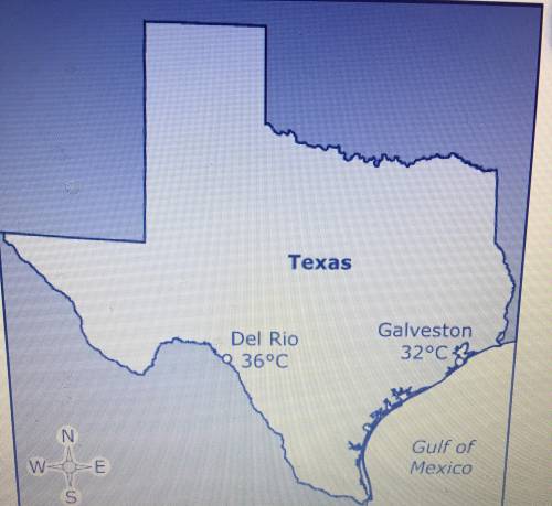 The map shows the average high temperatures in July for two cities in Texas. What is the most likel
