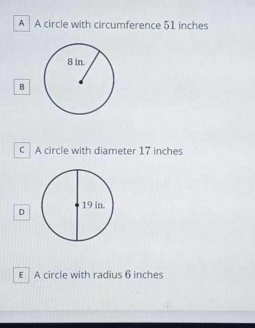 Which circles shown have an area between 200 and 250 square inches? Select all that apply.​
