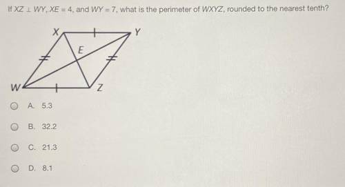 if xz bisects wy, xe=4, and wy=7, what is the perimeter of wxyz rounded to the nearest tenth? pleas