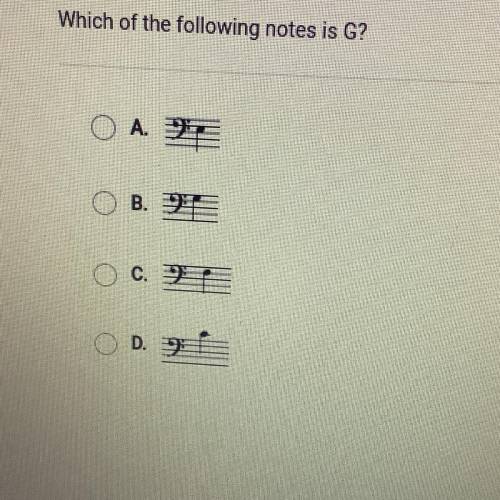 Which of the following notes is G?
O A ZE
B.
C.
OD.