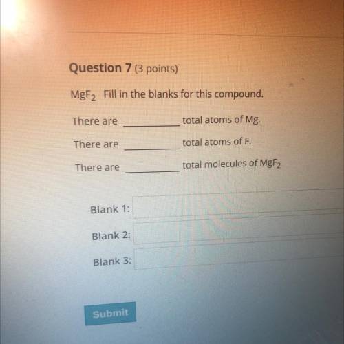 MgF2 Fill in the blanks for this compound.

There are
total atoms of Mg.
There are
total atoms of