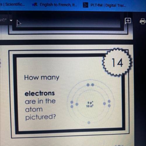 14
How many
electrons
are in the
atom
pictured?
9 p*
10 nº