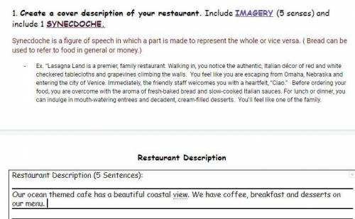 60 POINTS WILL MARK BRAINLIEST: help me write a restaurant description (ntry to use synecdoche, if