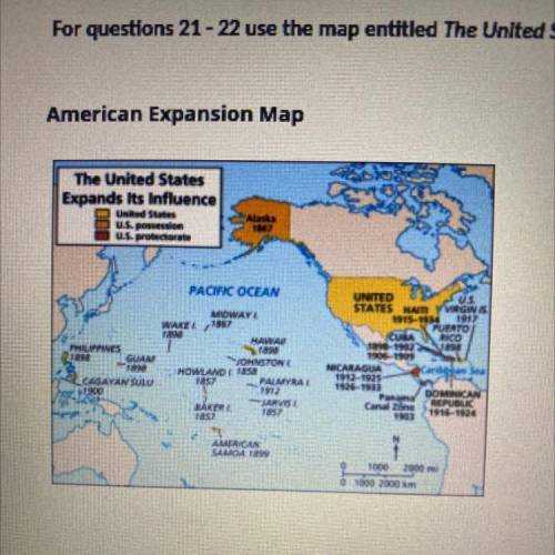 The map shows U.S. overseas possessions

A) in neither the Atlantic or Pacific oceans.
B) in the A