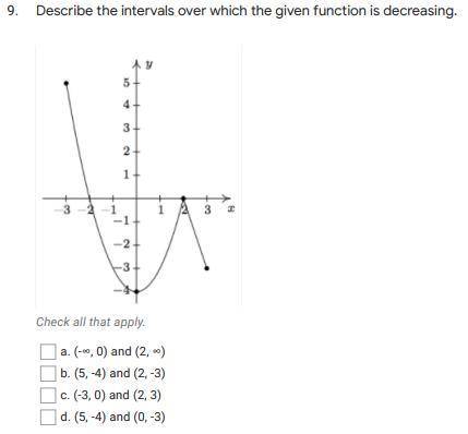 Describe the intervals over which the given function is decreasing

Choose between A,B,C,D from th