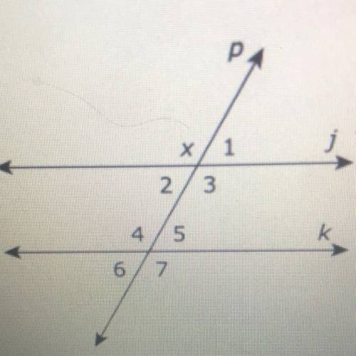 Parallel lines j and k are cut by transversal line p, creating the angles

shown. Determine which