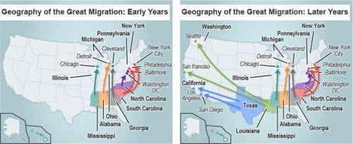 Study the maps showing population movement during the Great Migration.

On the left is a map title