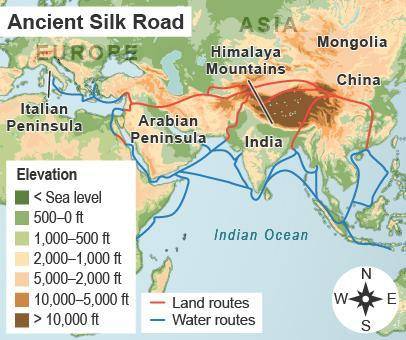 Review the map.

A map titled Ancient Silk Road. Land routes and water routes are shown between Ch