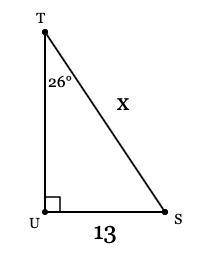 plesse help me In ΔSTU, the measure of ∠U=90°, the measure of ∠T=26°, and US = 13 feet. Find the le
