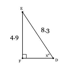 PLAESE HELP ME In ΔDEF, the measure of ∠F=90°, EF = 4.9 feet, and DE = 8.3 feet. Find the measure o