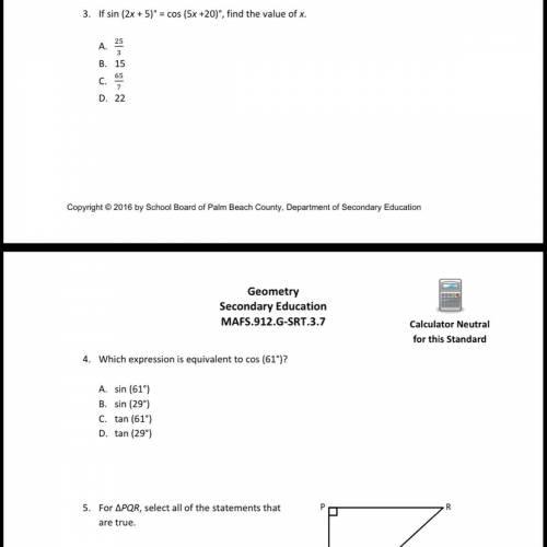 Geometry Secondary Education MAFS.912.G‐SRT.3.7

sin ∠ 1 sin ∠
Q
Need help with question 3 to 5