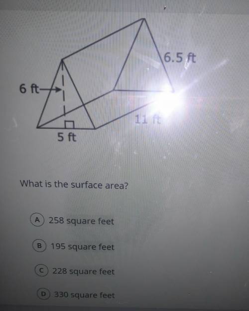 6.5 ft 6 ft- 11 ft N 5 ft What is the surface area? A 258 square feet B 195 square feet C 228 squar