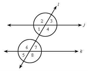 Parallel lines j and k are cut by a transversal l. Which pair of angles are corresponding angles?