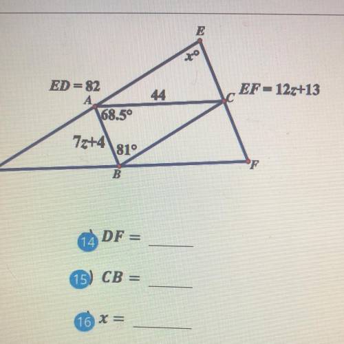 The triangle below is drawn with its three midsegments. Various lengths and angle measures are give
