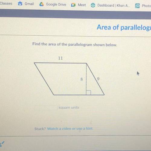 Area of parallelograms

Find the area of the parallelogram shown below.
Col
11
Pro
8
9
Pro
Te
squa