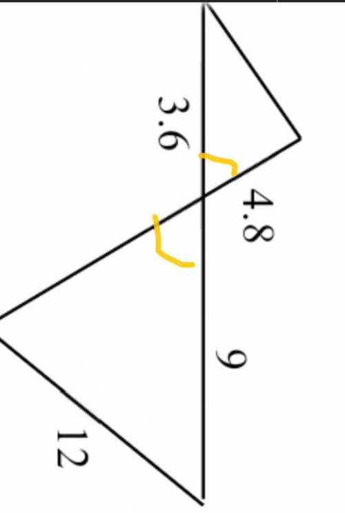 Are these triangles similar, if so how do I prove it(SSS,AA or SAS)? I marked the vertical angles a