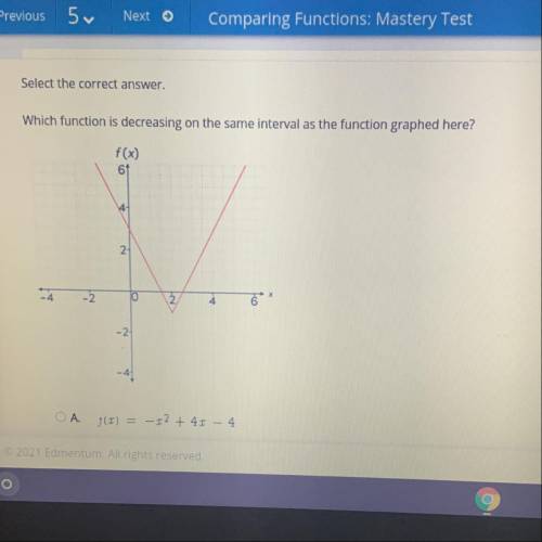 Please help. Which function is decreasing on the same interval as the function graphed here?