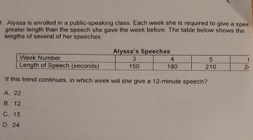 1. Alyssa is enrolled in a public speaking class. Each week she is required to give a spee greater