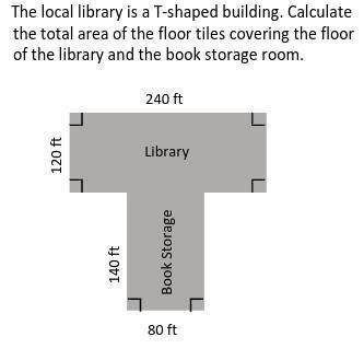 plz help. The local library is a T-shaped building. Calculate the total area of the floor tiles cov