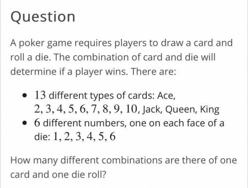 A poker game requires players to draw a card and roll a die. The combination of card and die will d