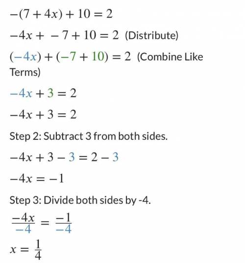 Solve for all values of x in simplest form. -[7 + 4x] + 10 = 2​