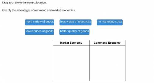 Drag each tile to the correct location.

Identify the advantages of command and market economies.
