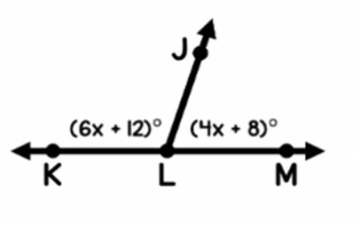 ⦟KLJ and ⦟JLM are a linear pair. Find the measures of ⦟KLJ and ⦟JLM.

m⦟KJL = __°
m⦟JLM = __°
Pic: