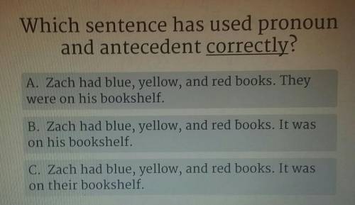 Which sentence has used pronoun and antecedent correctly? A. Zach had blue, yellow, and red books.